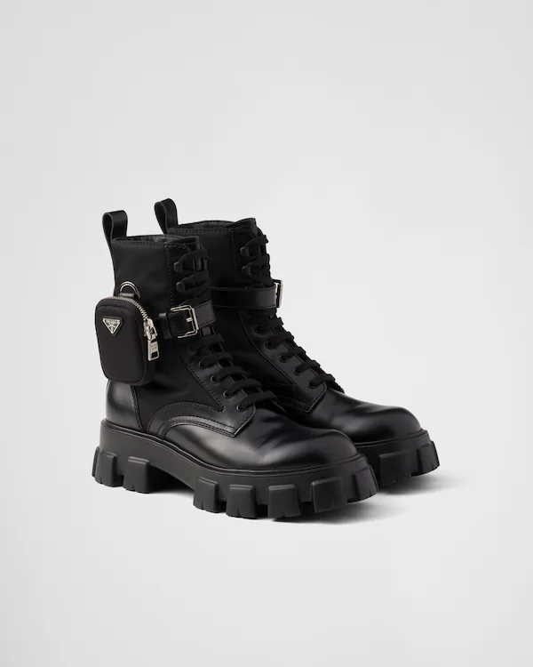 Monolith-Stiefel aus gebürstetem Leder und Re-Nylon mit Tasche