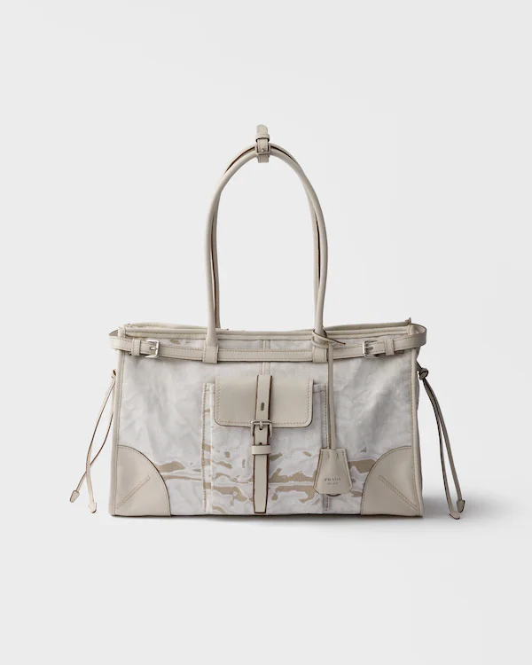 Prada Bonnie große bedruckte Leinen- und Lederhandtasche