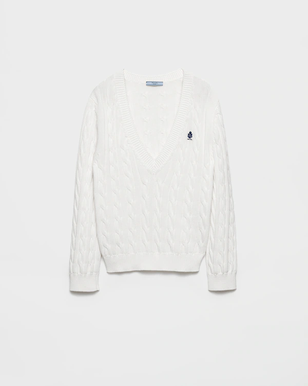 Cable-Strick V-Ausschnitt Baumwollpullover