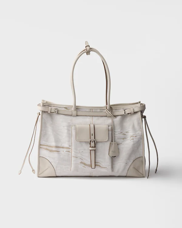 Prada Bonnie Tote aus bedrucktem Leinen und Leder