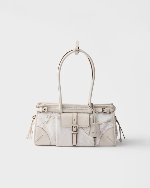 Prada Bonnie mittelgroße Handtasche aus bedrucktem Leinen und Leder